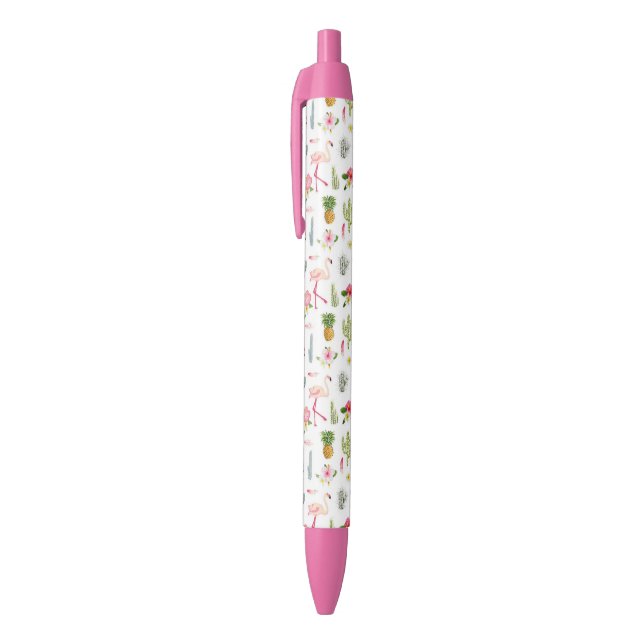 Flamingo Cactus Pineapple Hibiscus Pattern Black Ink Pen (Top (Vertical))