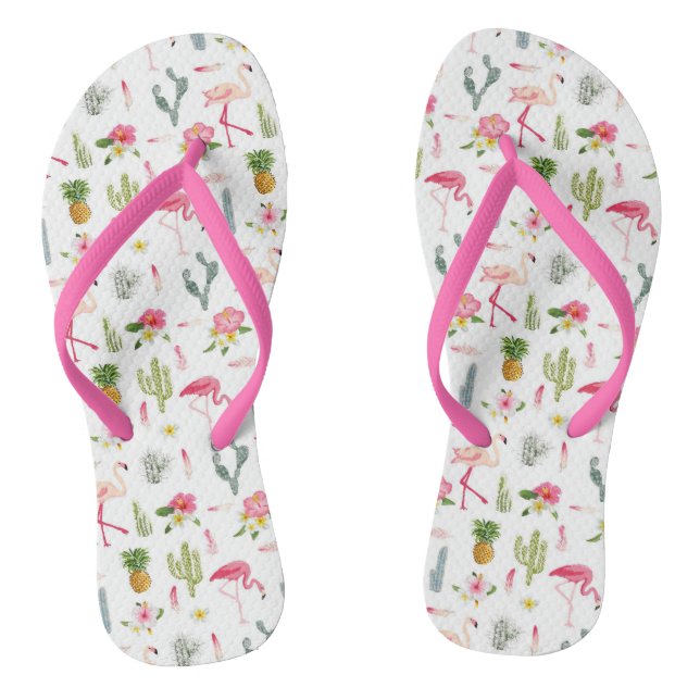 Flamingo Cactus Pineapple Hibiscus Pattern Flip Flops (Footbed)