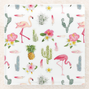 Flamingo Cactus Pineapple Hibiscus Pattern Glass Coaster