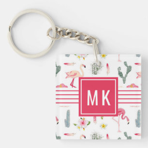 Flamingo Cactus Pineapple Hibiscus Pattern Keychain