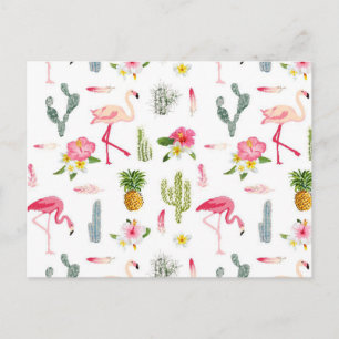 Flamingo Cactus Pineapple Hibiscus Pattern Postcard