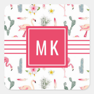 Flamingo Cactus Pineapple Hibiscus Pattern Square Sticker
