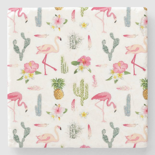 Flamingo Cactus Pineapple Hibiscus Pattern Stone Coaster (Front)