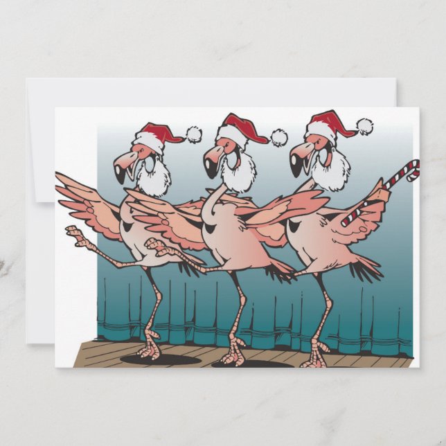 Flamingo chorus line wearing Santa hats Holiday Card (Front)