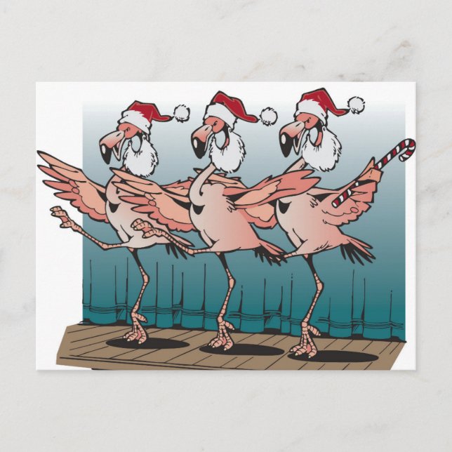Flamingo chorus line wearing Santa hats Holiday Postcard (Front)