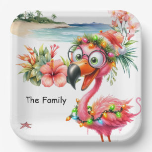 Flamingo Christmas in July at the beach Paper Plate