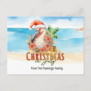 Flamingo Christmas in July watercolor Holiday Postcard