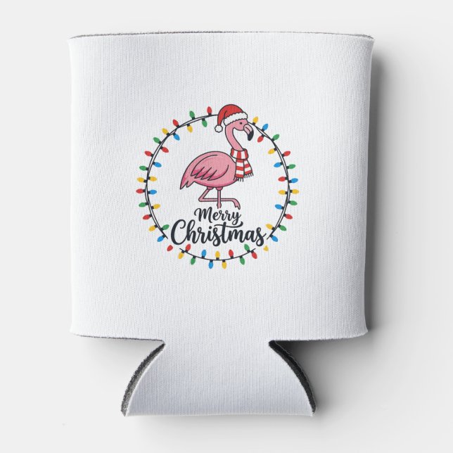 Flamingo Christmas Lights Holiday Can Cooler (Front)