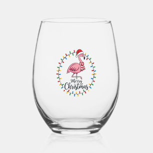 Flamingo Christmas Lights Holiday Stemless Wine Glass