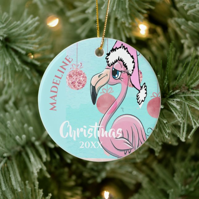 Flamingo Christmas Santa Hat Blue Pink Girly Cute Ceramic Ornament (Tree)