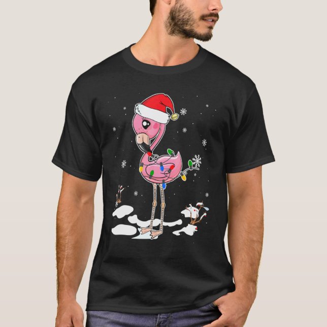 Flamingo Christmas Santa Hat Flamingo Lights Xmas T-Shirt (Front)
