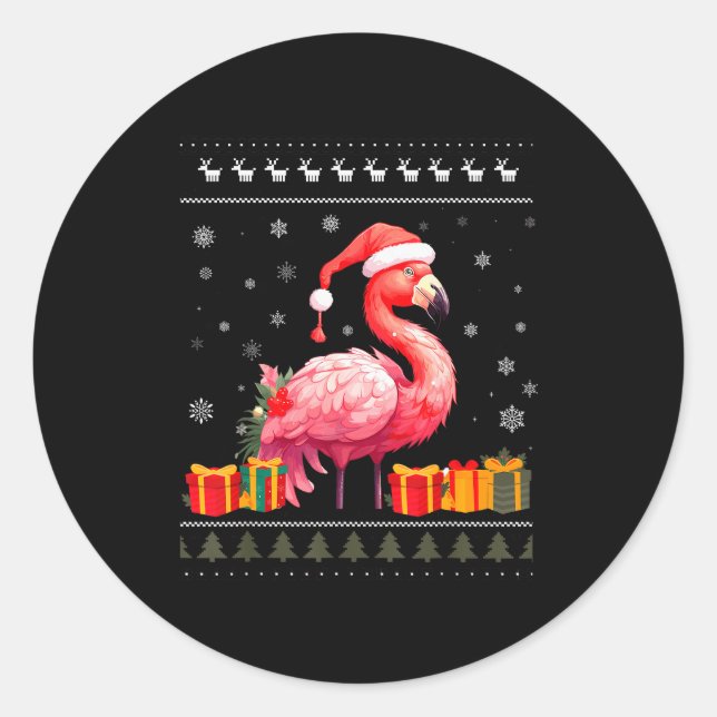 Flamingo Christmas Santa Hat Ugly Christmas Sweate Classic Round Sticker (Front)