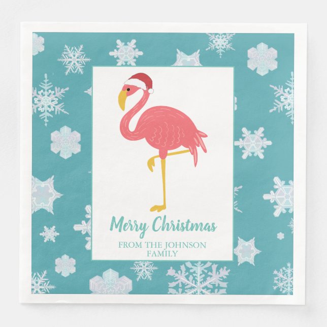 Flamingo Christmas Snowflake Blue Tropical Family Napkin (Front)
