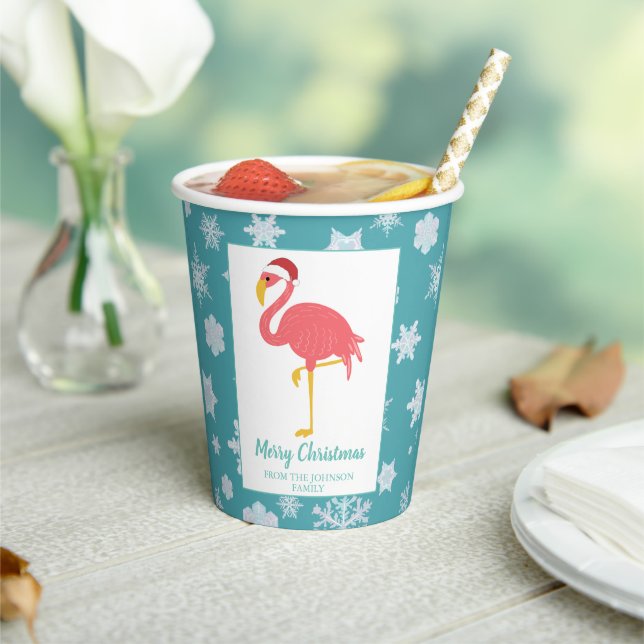 Flamingo Christmas Snowflake Blue Tropical Family  Paper Cups (Insitu)