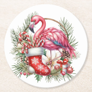 Flamingo Christmas Themed Round Paper Coaster