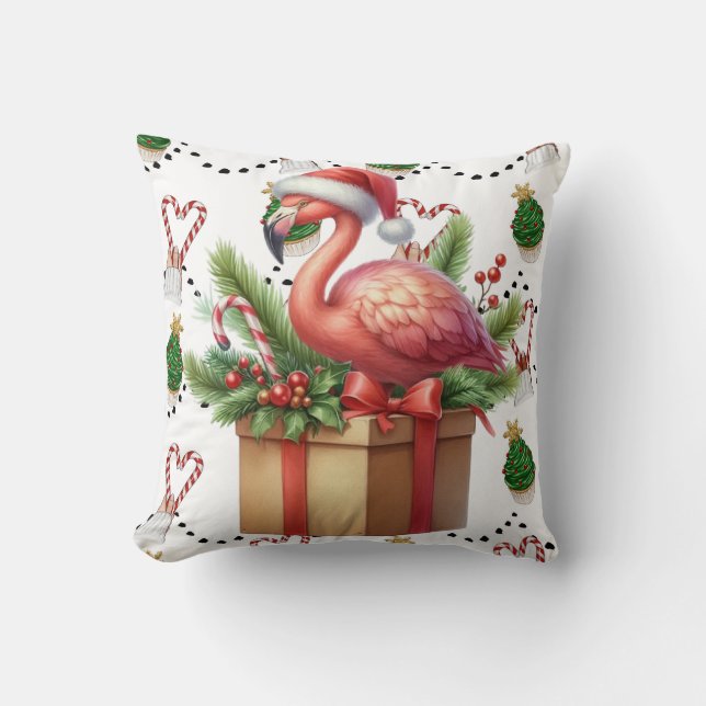 Flamingo Christmas Themed  Throw Pillow (Front)