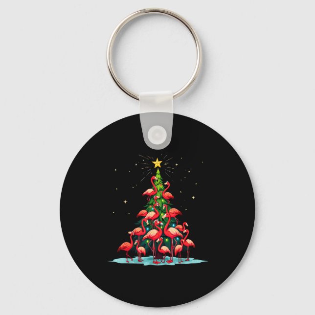 Flamingo Christmas Tree Funny Nkie Holiday Flaming Keychain (Front)