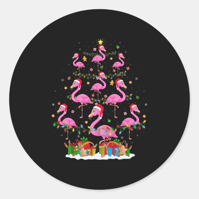 Flamingo Christmas Tree Lights Santa Hat Nk Flamin Classic Round Sticker (Front)