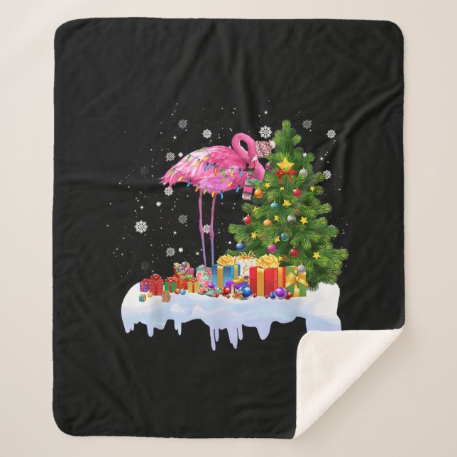Flamingo Christmas Tree Lights Sherpa Blanket (Front)