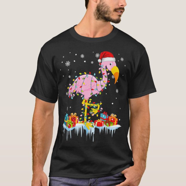 Flamingo Christmas Tree Lights  XMas Ornament T-Shirt (Front)