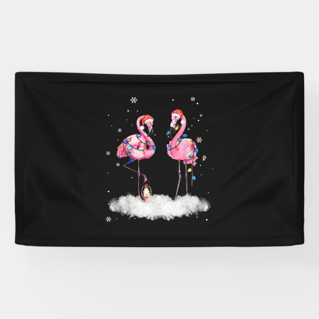 Flamingo Christmas Tree Santa Hat Light Banner (Horizontal)