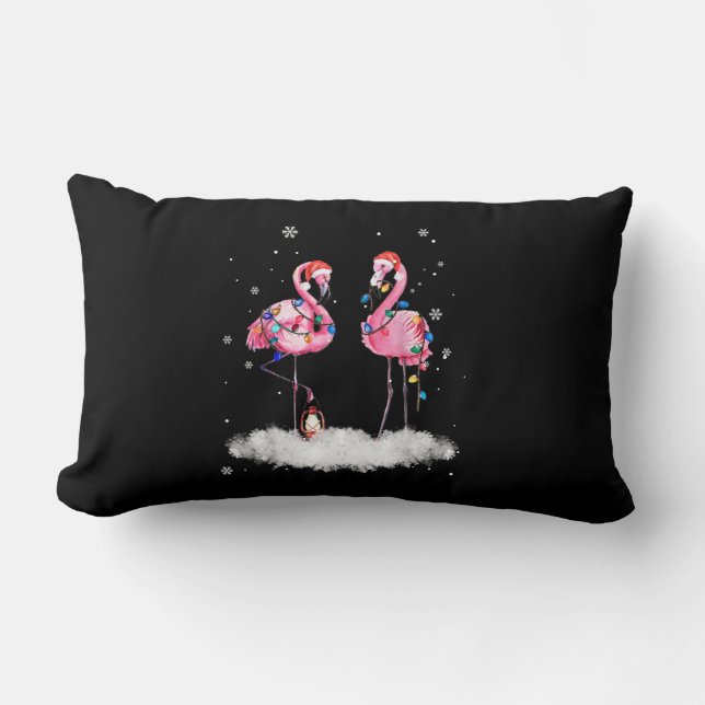 Flamingo Christmas Tree Santa Hat Light Lumbar Pillow (Front)