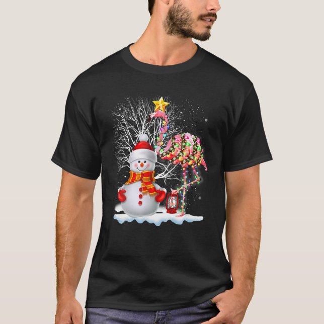 Flamingo Christmas Tree Snowman Santa Hat Flamingo T-Shirt (Front)