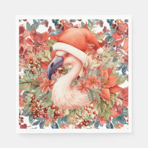 Flamingo Christmas with Santa Hat and Poinsettia Napkin