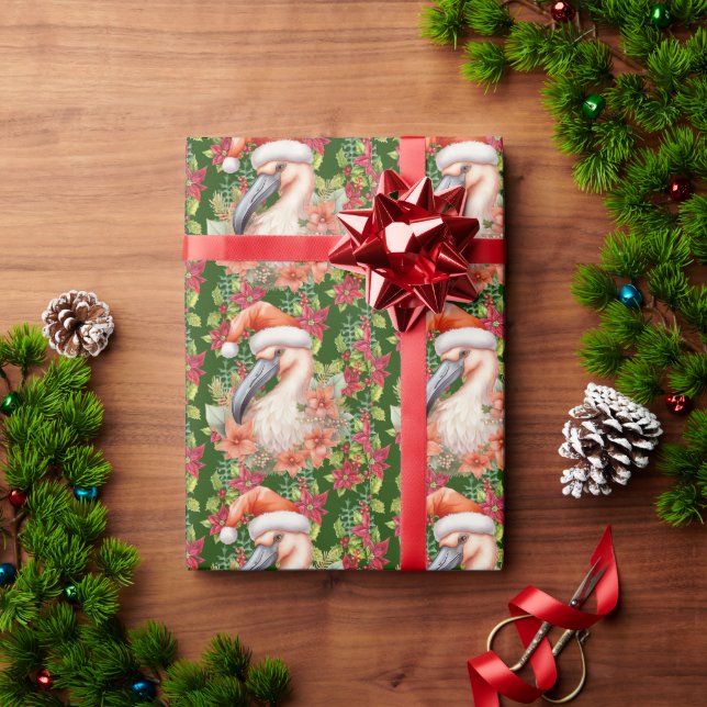 Flamingo Christmas with Santa Hat and Poinsettia  Wrapping Paper (Holiday Gift)