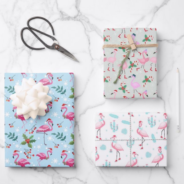 Flamingo Christmas Wrapping Paper 3 Pack (Front)