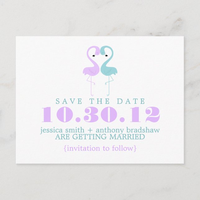 Flamingo Couple Wedding Save the Date Announcement Postcard (Front)