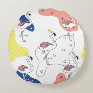 Flamingo Crown: Abstract Vintage Seamless. Round Pillow