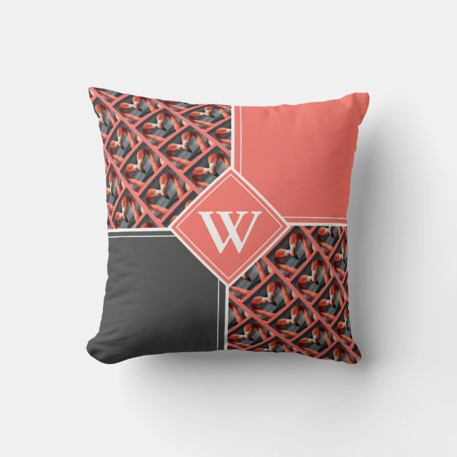 FLAMINGO Custom Monogram Coral Grey Throw Pillow (Front)