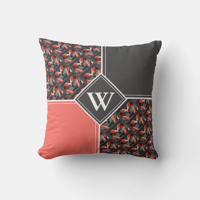 FLAMINGO Custom Monogram Grey Coral Throw Pillow (Front)