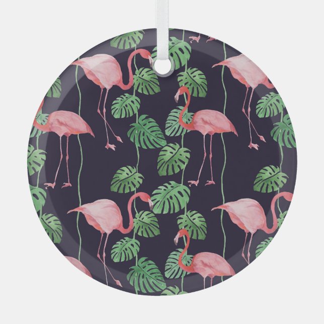 Flamingo Dark: Small Watercolor Pattern. Glass Ornament (Front)