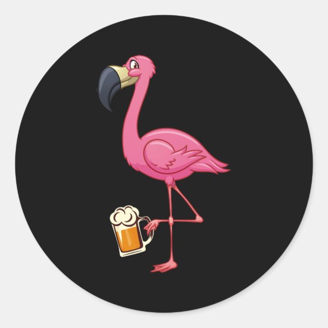 Flamingo Drinking Beer - Funny Pink Flamingo Classic Round Sticker (Front)