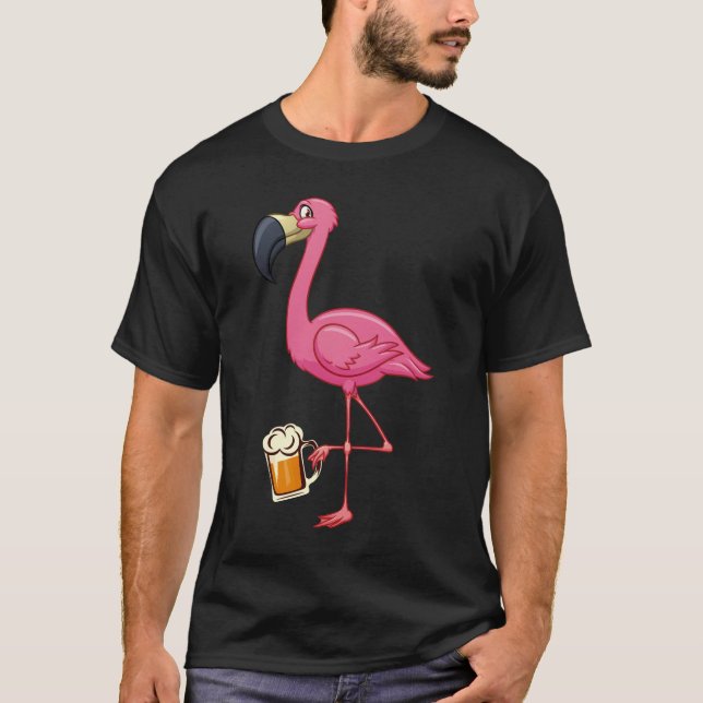 Flamingo Drinking Beer - Funny Pink Flamingo T-Shirt (Front)