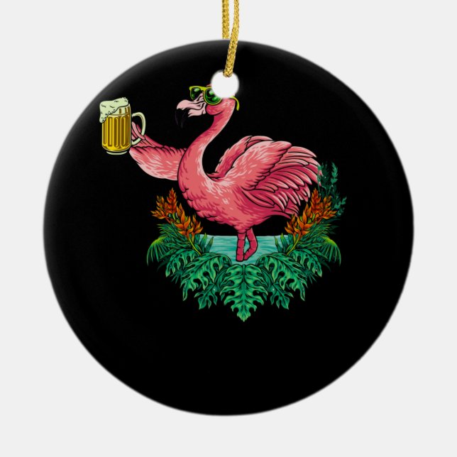 Flamingo Drinking Beer Party Ceramic Ornament (Front)