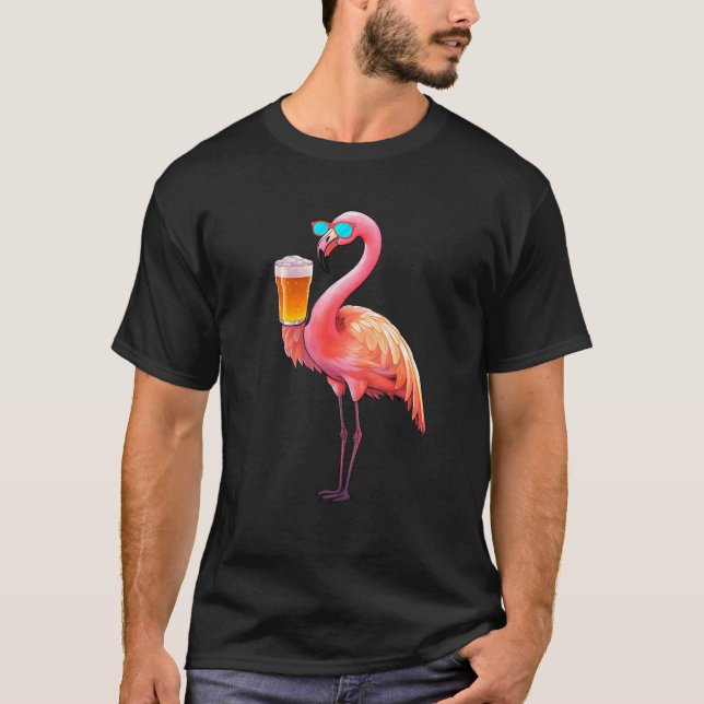 Flamingo Drinking Beer  Pink Flamingo T-Shirt (Front)