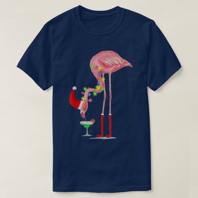 Flamingo Drinking Cocktail Christmas Lights Tree X T-Shirt (Design Front)