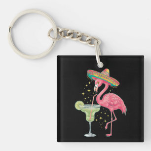 Flamingo Drinking Margarita Funny Mexican Poncho Keychain