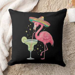 Flamingo Drinking Margarita Funny Mexican Poncho Throw Pillow