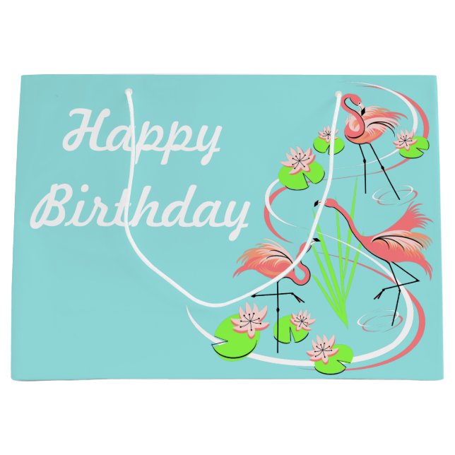Flamingo Fandango Trio Happy Birthday large Gift Bag (Front)