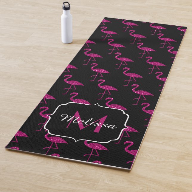 Flamingo faux glitter sparkles black Monogram Yoga Mat (In Situ)