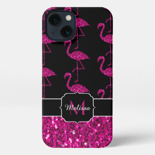 Flamingo faux sparkles pattern black Monogram iPhone 13 Case