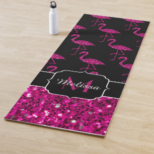 Flamingo faux sparkles pattern black Monogram Yoga Mat