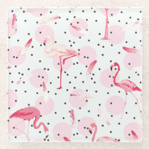 Flamingo Feathers On Polka Dots 2 Glass Coaster