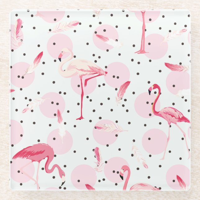 Flamingo Feathers On Polka Dots 2 Glass Coaster (Front)