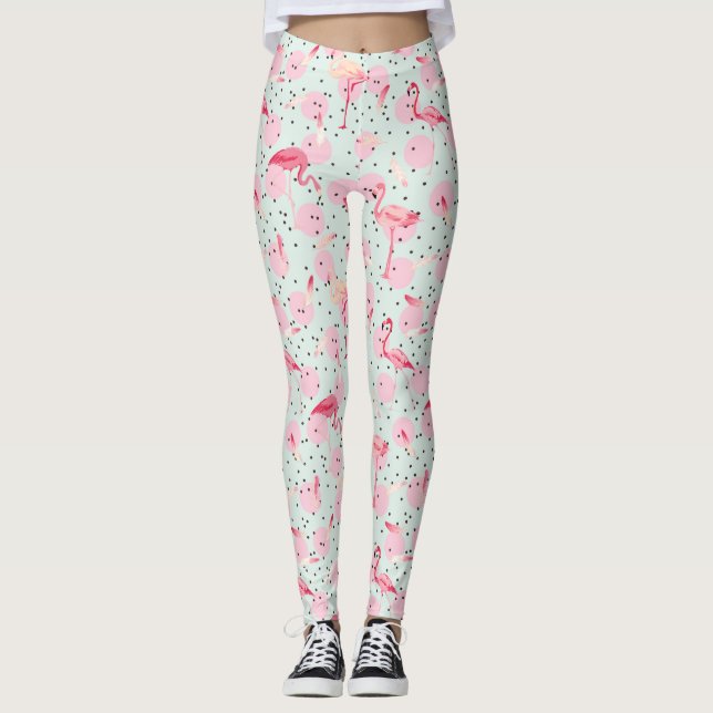 Flamingo Feathers On Polka Dots 2 Leggings (Front)