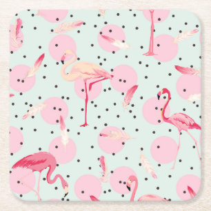 Flamingo Feathers On Polka Dots 2 Square Paper Coaster